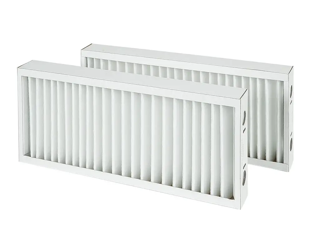 Zwei parallel angeordnete Luftfilter mit senkrechten Falten, in einem weißen Rahmen, geeignet für Luftreinigungssysteme von Fränkische.